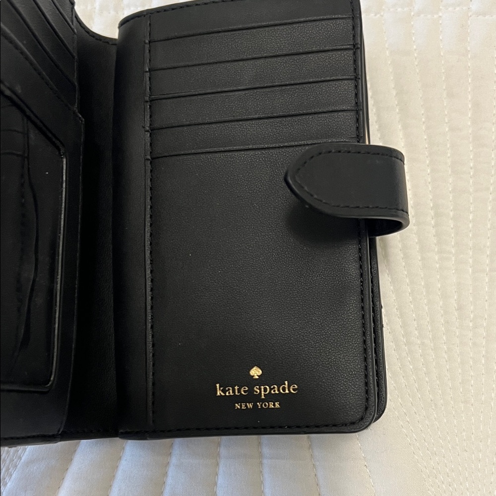 kate spade Quilted Black Leather Compact Wallet with Gold Logo - Picture 8 of 9